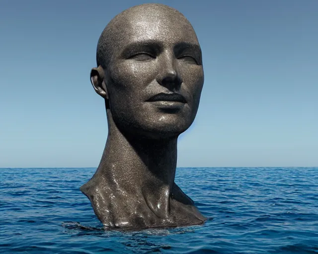 Prompt: a giant sculpture of an abstract human head on the surface of the ocean, award winning, hyper - realistic, very detailed, realistic water, ray tracing, 8 k resolution, long - shot, sharp focus, low angle, 8 5 mm photograph, wide lens