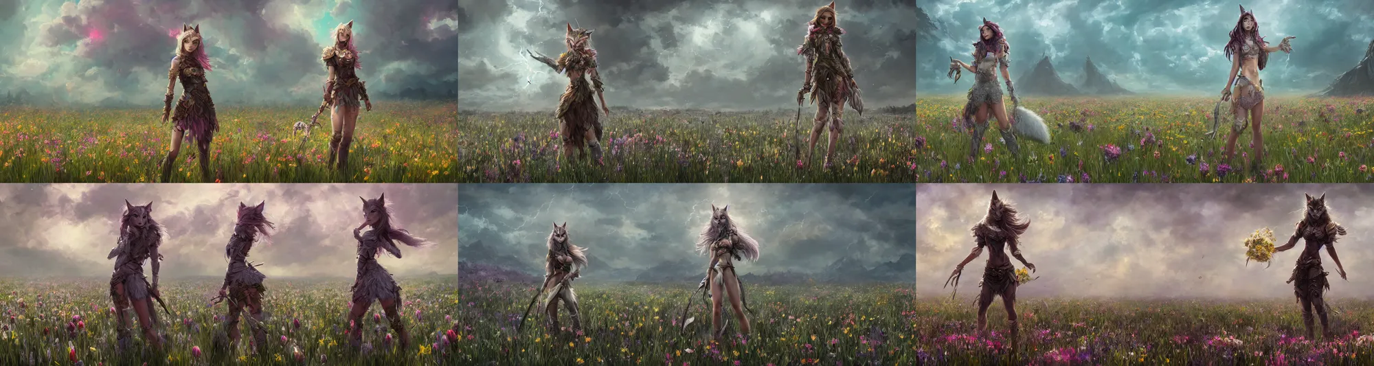 Prompt: A high fantasy wolf girl standing in the middle of the field of flowers, by Eddie Mendoza, full shot, official media, beautiful, detailed, high quality, wallpaper 4K, epic, trending on artstation and behance, dynamic lightning