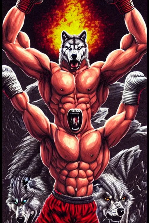 Image similar to extreme long shot. 8 bit nes graphics. antropomorphic muscular masculine wolf. kickboxer fighter, in shorts. wolf head. angry. fine details, very sharp, art from nes game cartridge, 8 0's, vhs artefacts, vaporwave style, marc simonetti and hermann nitsch and anish kapoor.