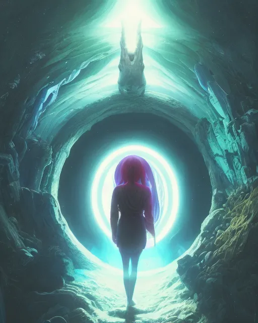 Image similar to highly detailed surreal vfx portrait of a sacred portal into a black hole of dreams, stephen bliss, unreal engine, greg rutkowski, loish, rhads, beeple, makoto shinkai and lois van baarle, ilya kuvshinov, rossdraws, tom bagshaw, alphonse mucha, global illumination, detailed and intricate environment