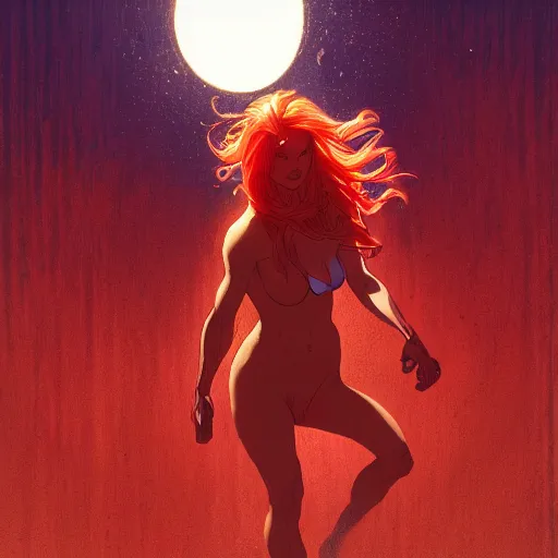 Prompt: a beautiful comic artwork by Jerome Opeña of a woman with red hair coming out of a lake at night, featured on artstation