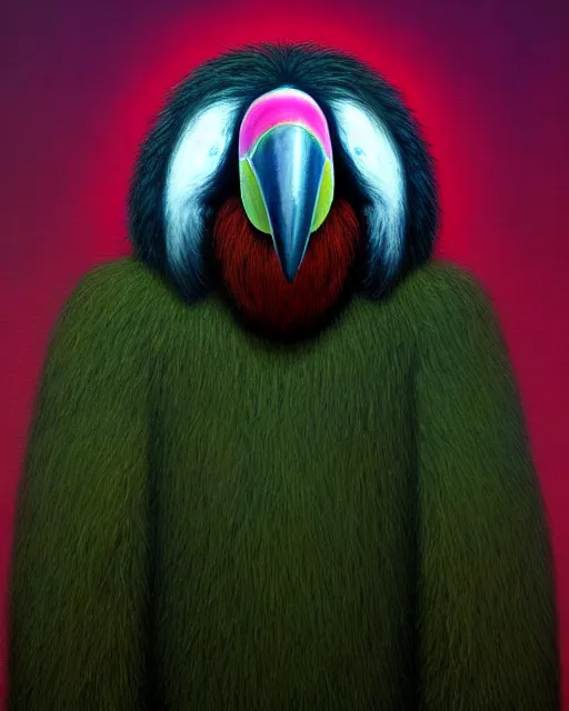 Image similar to realistic surreal painting of a bipedal sloth character, long curly fur, full skull shaped face cover, mage robe based on a toucan, 6 toucan beaks, in the style of zdzislaw beksinski, stylized, video animation, hogwarts legacy, chromatic aberration, super natural, neon glow