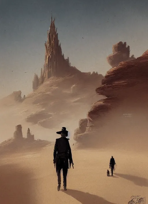 Image similar to the man in black fled across the desert, and the gunslinger followed, digital painting, dark tower illustration, by greg rutkowski