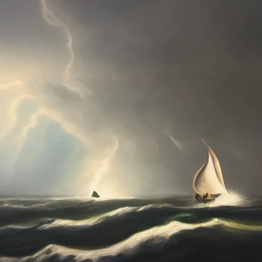 Image similar to A boat drifting into a storm caused by a metallic dark giant rising from the ocean