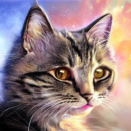 Image similar to 🐱👑🌌🌉💮, realistic painting, high definition, digital art, matte painting, very detailed, realistic