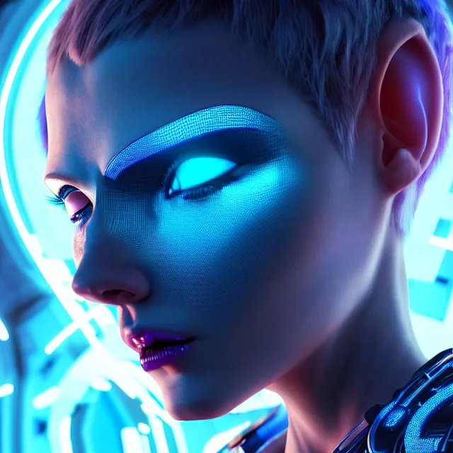 Image similar to hyperrealistic mixed media portrait of a female retrofuturistic cyber punk with a pixie cut, stunning 3d render inspired art by P. Craig Russell and Barry Windsor-Smith + perfect facial symmetry + dim volumetric lighting, 8k octane beautifully detailed render, post-processing, extremely hyperdetailed, intricate futuristic mechanic parts, epic composition, grim yet sparkling atmosphere, cinematic lighting + masterpiece, trending on artstation