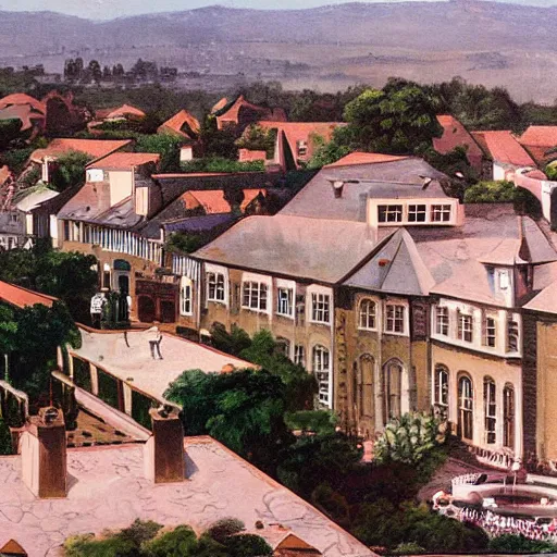Prompt: Bel Air street,in 1758 architecture style, seen from a plane