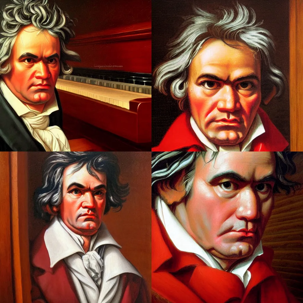 Prompt: beethoven behind an oak piano before a window, hyperrealistic, detailed face, dark background, warm colors, colorful, oil painting, 8 k