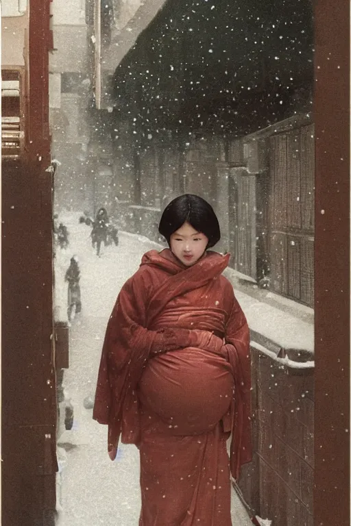 Image similar to Full-length portrait of a pregnant man on the streets of Tokyo, historically reliable photo chronicle, winter, 1975, ultra detailed digital art, octane render, 4K, by John William Waterhouse and Edwin Longsden Long and Theodore Ralli and Nasreddine Dinet