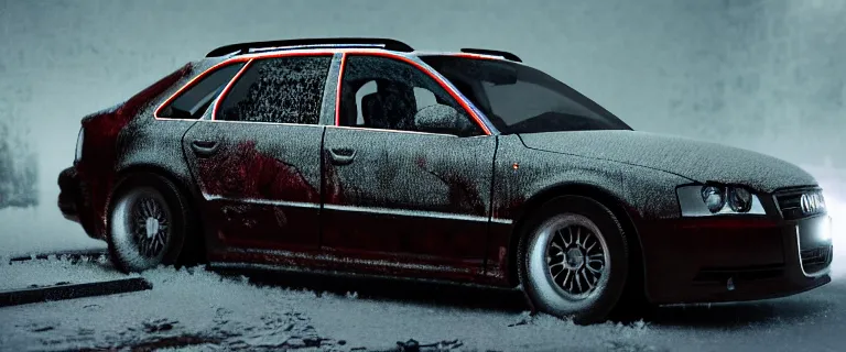 Image similar to Audi A4 B6 Avant (2002), a gritty neo-noir, dramatic lighting, cinematic, eerie person, death, homicide, homicide in the snow, viscera splattered all over the car, gunshots, establishing shot, extremely high detail, photorealistic, red mist, arson, burning city, cinematic lighting, artstation, by simon stalenhag, Max Payne (PC) (2001) winter New York at night, In the style of Max Payne 1 graphic novel, flashing lights, Poets of the Fall - Late Goodbye