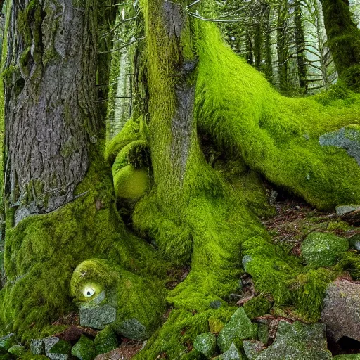 Image similar to a mossy wood, huge troll , in the style of John Bauer,