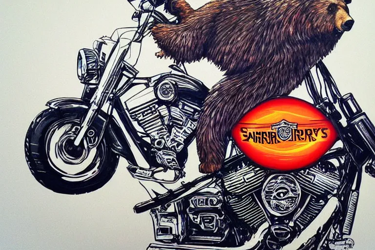 Prompt: a bear riding a Harley Davidson by Sandra Chevrier