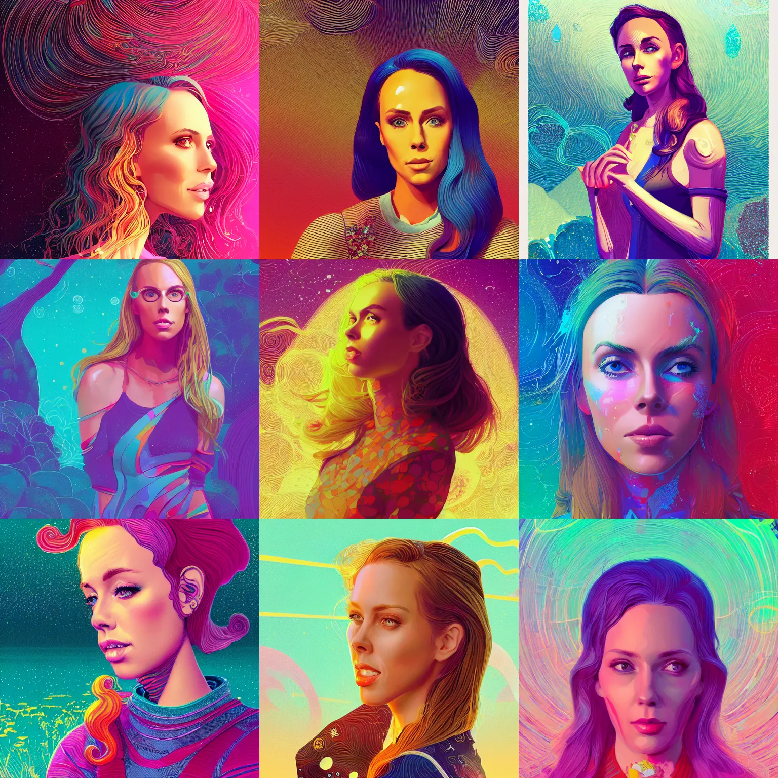 Prompt: Adorably cute portrait of Nicole Aniston, artstation winner by Victo Ngai, Kilian Eng and by Jake Parker, swirly vibrant color lines, winning-award masterpiece, fantastically gaudy, aesthetic octane render, 8K HD Resolution