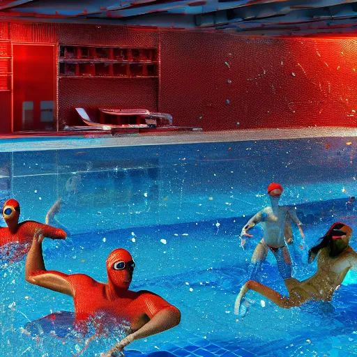 Image similar to carnage in a swimming pool, marvel, 3 d render, studio lighting,