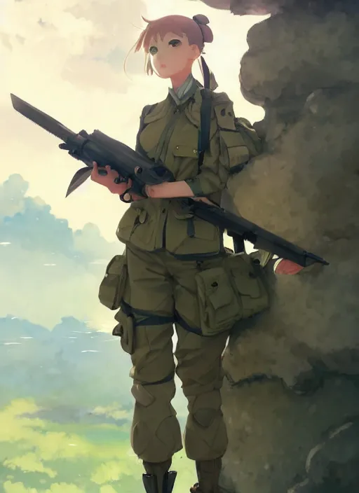 Prompt: portrait of cute soldier girl, cloudy sky background lush landscape illustration concept art anime key visual trending pixiv fanbox by wlop and greg rutkowski and makoto shinkai and studio ghibli and kyoto animation soldier clothing military gear realistic anatomy pale skin