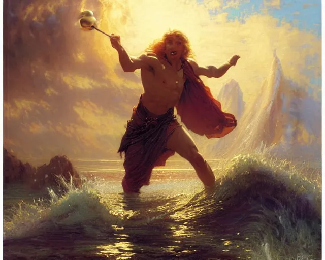 Image similar to attractive male wizard casting powerful giant tsunami spell in a beautiful lake. highly detailed painting by gaston bussiere, craig mullins, j. c. leyendecker 8 k