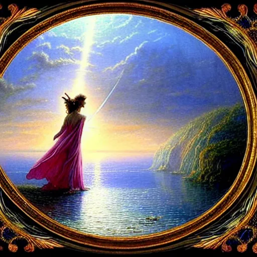 Image similar to an elegant fairy queen in a blue lace dress dancing looking out at a lord of the rings scenery landscape, staring across the sea at a white timber sail boat, sunrise, god's rays highly detailed, vivid colour, soft clouds, floral sunset, cinematic lighting, perfect composition, gustave dore, derek zabrocki, greg rutkowski, belsinski