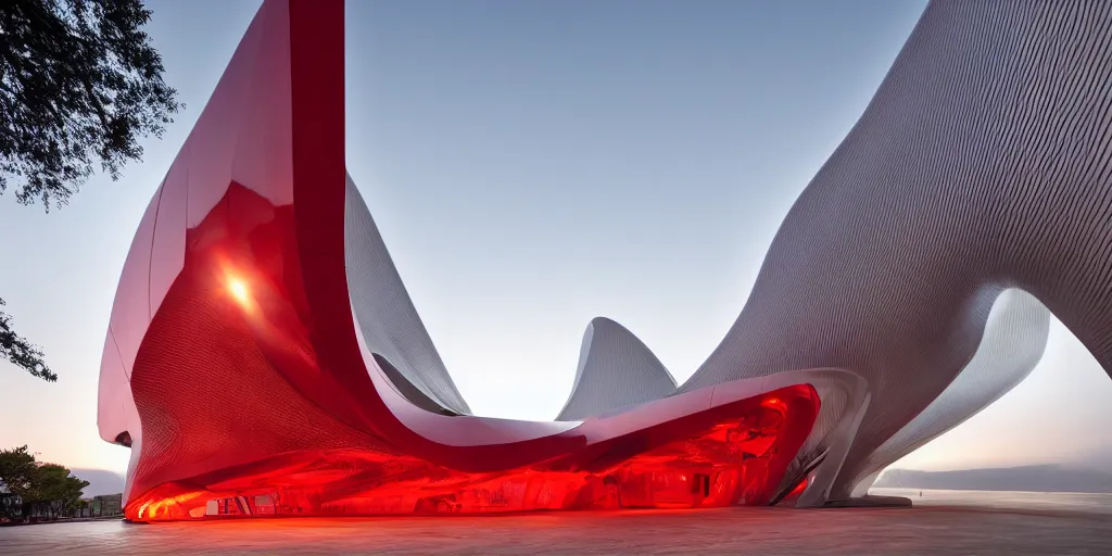 Prompt: extremely detailed ornate stunning sophisticated beautiful elegant futuristic museum exterior by Zaha Hadid, stunning volumetric light, stainless steal, concrete, translucent crimson red material, beautiful sunset, tail lights