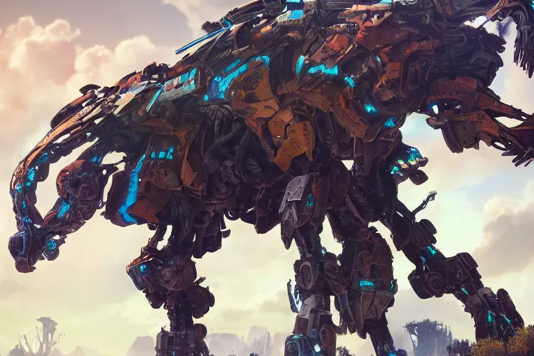 Image similar to thunderjaw machine mecha animal beast robot of horizon forbidden west horizon zero dawn bioluminiscence global illumination ray tracing hdr fanart arstation by sung choi and eric pfeiffer and gabriel garza and casper konefal