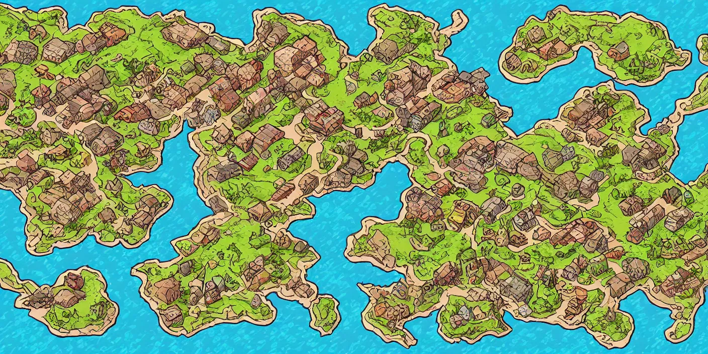 Prompt: a rpg map with random colored regions detailed, flat vivid colors and strokes digital painting