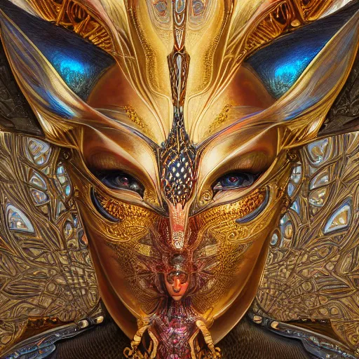 Prompt: a beautiful symmetrical body wearing an armor made of golden ornaments and gems by alex gray and android jones , Karol Bak, Ayami Kojima, Amano , 3D, 8k resolution