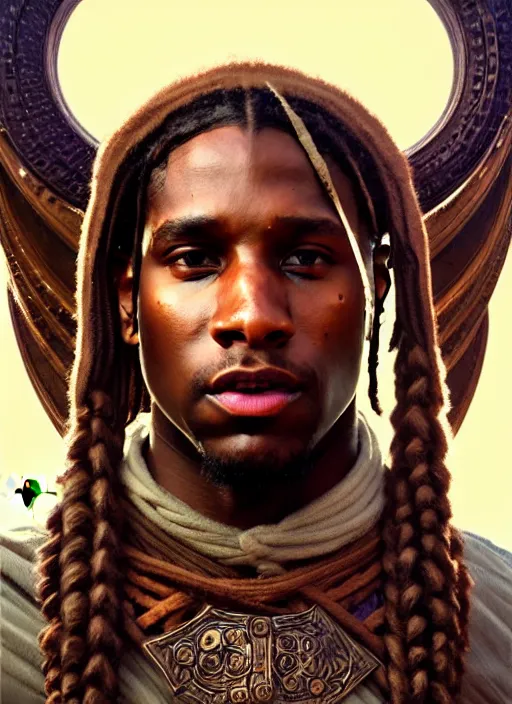 Image similar to portrait of asap rocky as a viking, intricate, headshot, highly detailed, digital painting, artstation, concept art, sharp focus, cinematic lighting, illustration, art by artgerm and greg rutkowski, alphonse mucha, cgsociety