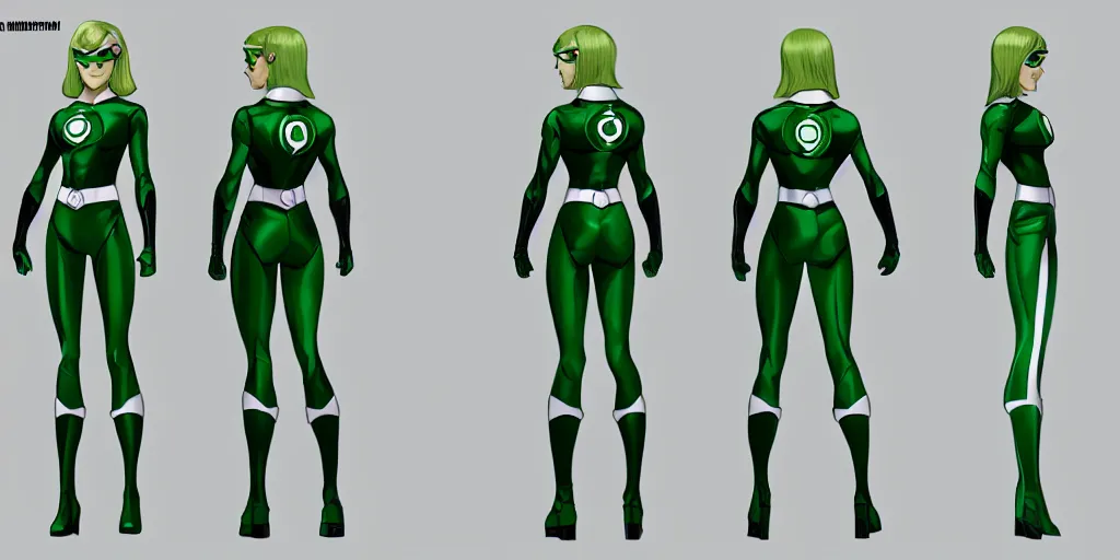 Image similar to full body exaggerated outfit, female green lantern character clean concepts by senior concept artist in the anime film, suit, powers, glowing, stronge, smooth, high detail, featured on artstation