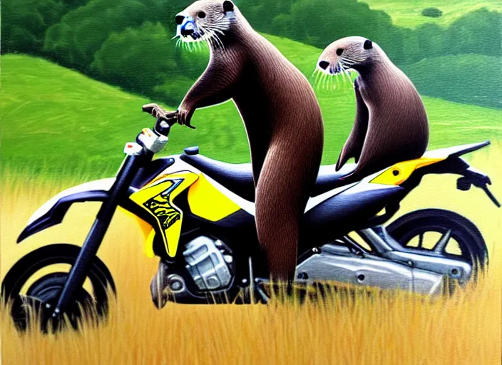 Image similar to Otter riding a DRZ 400s, realism painting, 8k, detailed,