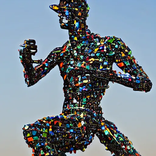 Image similar to statue of man made of many colorful welded metal pieces, 8K, digital art, award winning