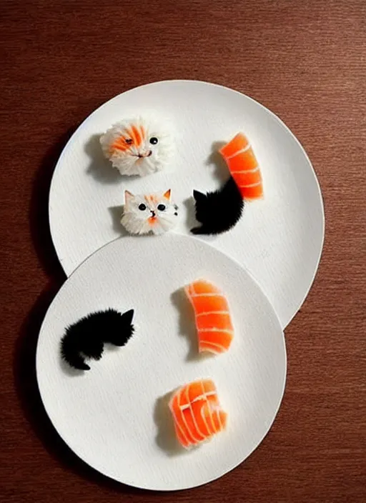 Image similar to clear surrealist painting of adorable cats made from sushi rice, sitting on sushi plates with garnish