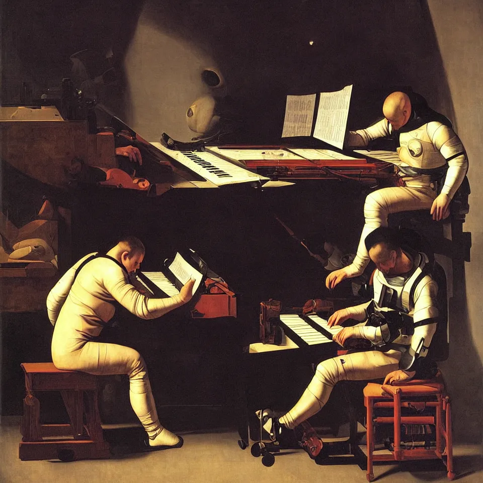 Prompt: an astronaut playing a keyboard by caravaggio, dynamic lighting, cinematic, epic composition, masterpiece