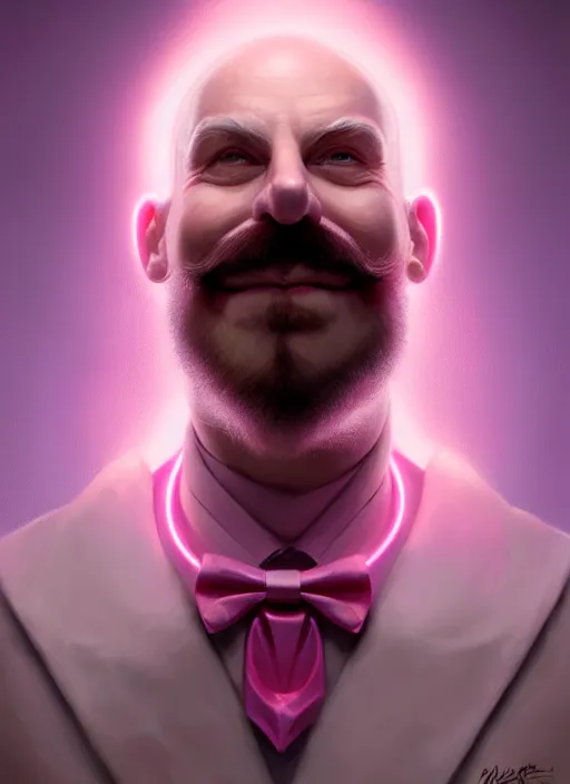 Prompt: portrait of dr robotnik, realistic, skinny, smile, ugly, defined jawline, big chin, pink hair bow, intricate, elegant, glowing lights, highly detailed, digital painting, artstation, sharp focus, illustration, art by wlop, mars ravelo and greg rutkowski