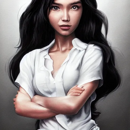 Prompt: a painting of a woman in a white shirt, a character portrait by Artgerm, cg society contest winner, fantasy art, reimagined by industrial light and magic, poster art, concert poster