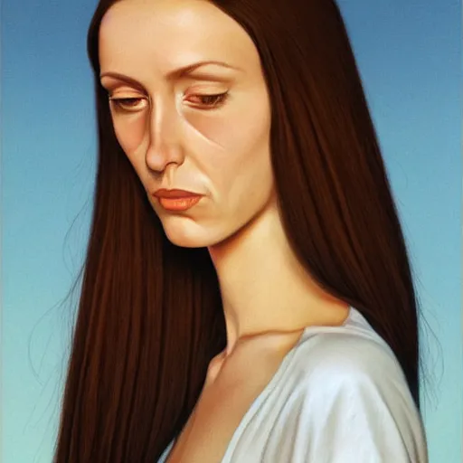 Prompt: a beautiful portrait of a tired, sickly, thin young woman with very thin long brown hair, by greg hildebrandt