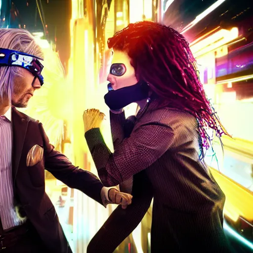 Image similar to a fight between a boho cyberpunk hippie and a high - tech suit businessman, epic art, cinematic mid shot fight