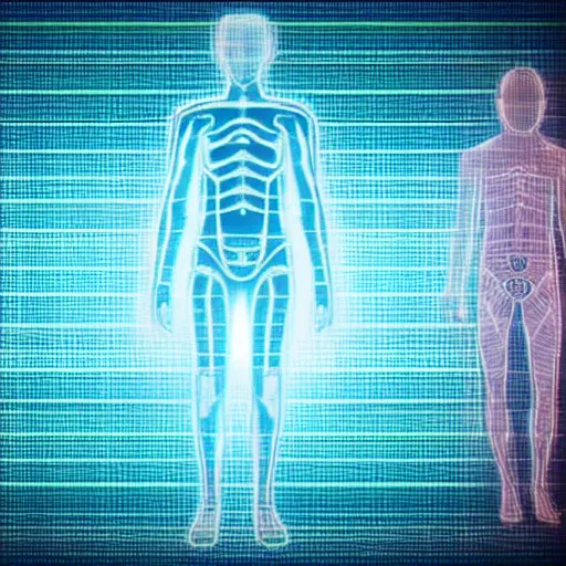 Image similar to detailed blueprint of a human on a hologram, sci-fi, futuristic, cgi