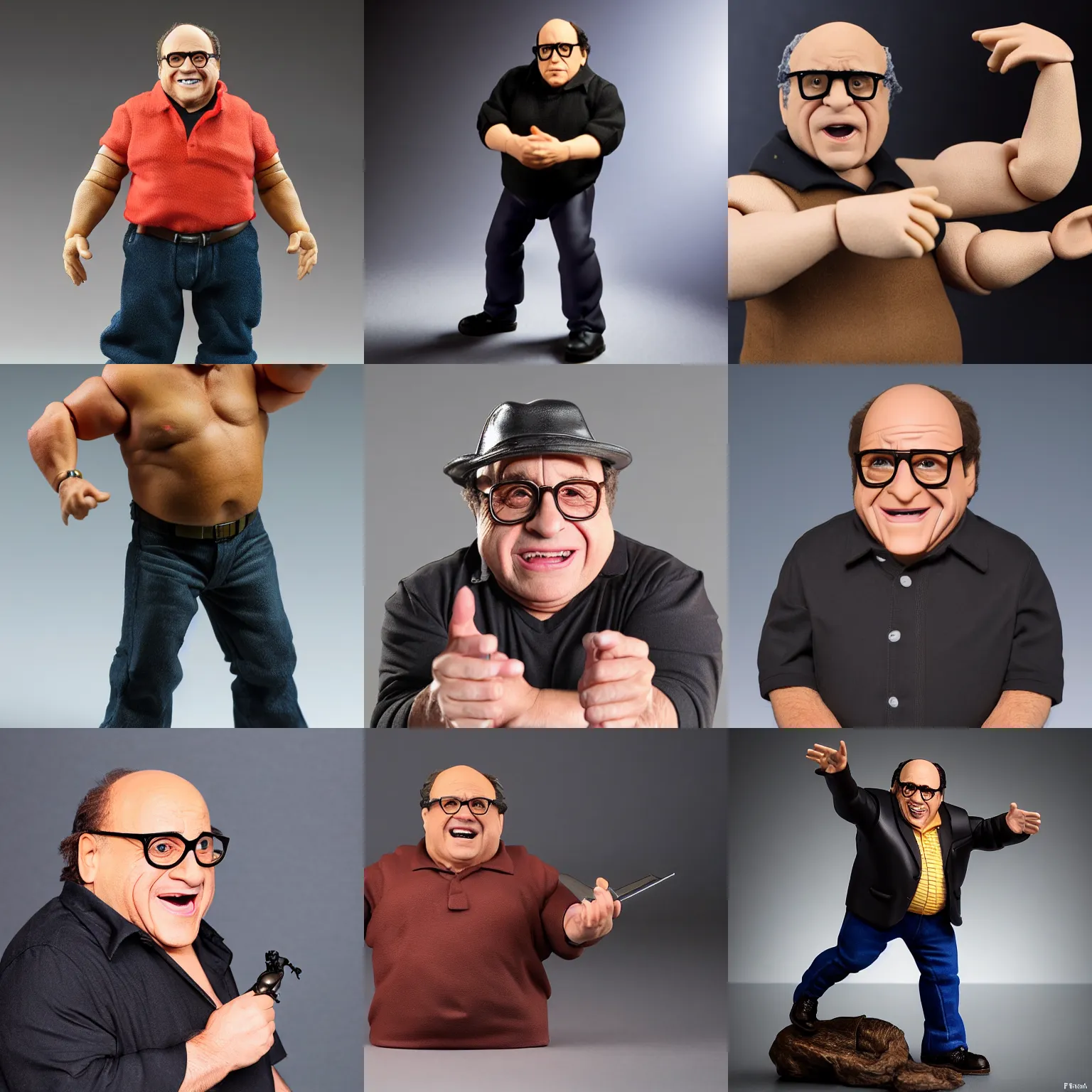 Prompt: Danny DeVito articulated action figure, product shot, studio lighting