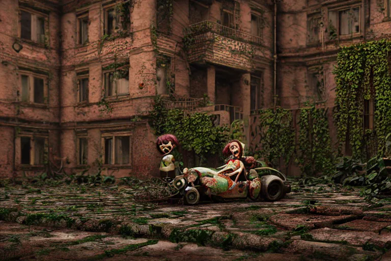 Image similar to Broken ugly toy doll with glowing eyes lying on old courtyard with mud and an old playground between two soviet five-storey overgrown with ivy panel houses, high details, cinematic, 8k resolution, beautiful detailed, insanely intricate details, artstation trending, rule of third, octane render, unreal engine