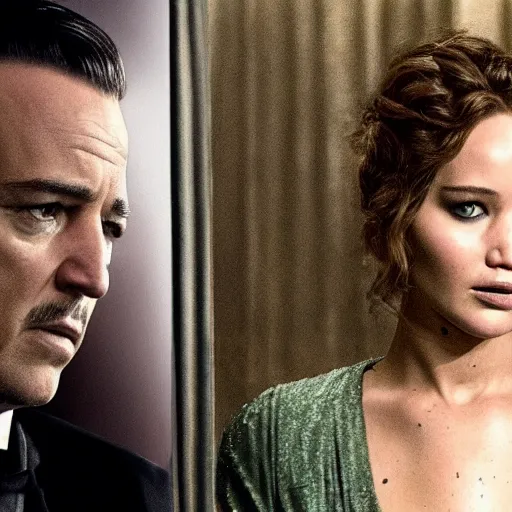 Prompt: Promo picture of Jennifer Lawrence as Don Corleone Godfather remake (2029)