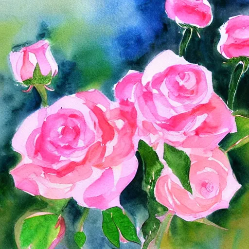 Image similar to painting of pink roses in monet style, Water color