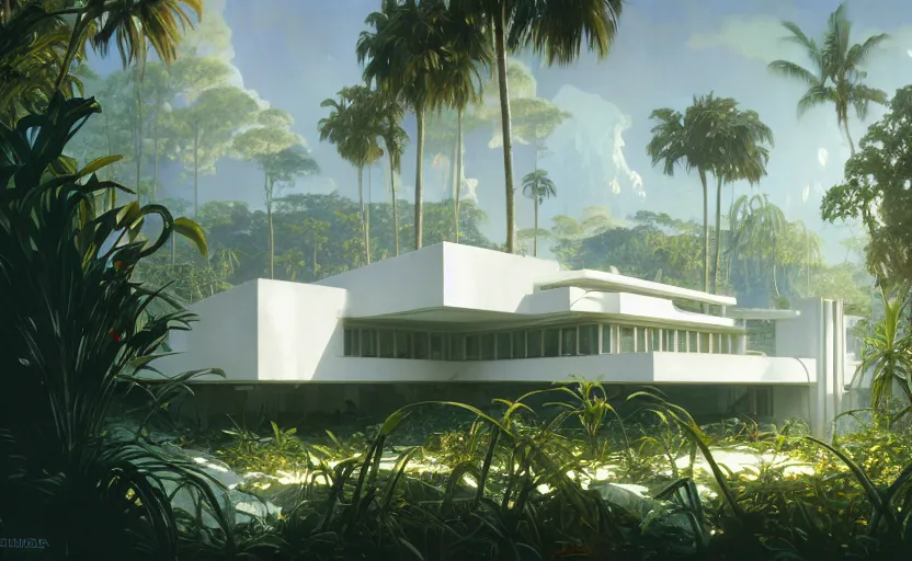 Image similar to painting of a wide angle exterior shot of a white modern architecture in the middle of a tropical forest with cinematic lighting by frank lloyd wright and renzo piano, darek zabrocki and greg ruthkowski, alphonse mucha, simon stalenhag and cinematic and blue cold atmospheric, archillect concept art, artstation, trending on artstation