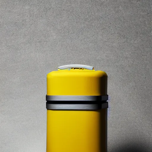 Prompt: yellow coffee mug full of steaming coffee, mugs surface is made of rimowa aluminium suitcase,