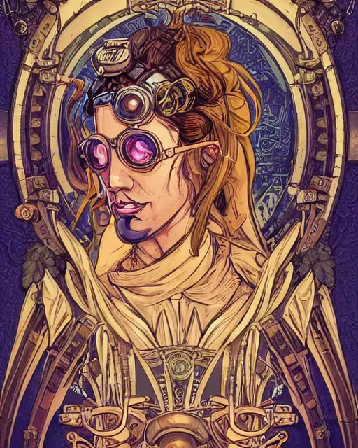 Prompt: a detailed portrait illustration of a steampunk mechanic - wizard. beautiful female face. art nouveau, pop art, comic book style. influenced by neil gaiman, h. p. lovecraft, dan mumford, brian froud, vadim voitekhovitch, killian eng, ross tran.