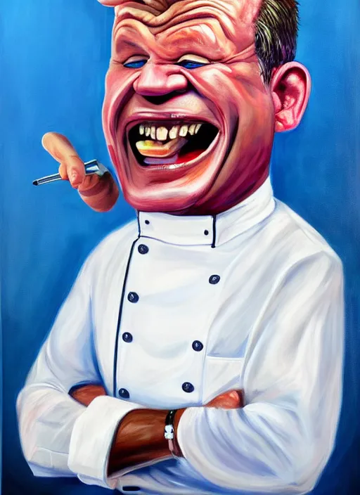 Image similar to norman mingo painting, gordon ramsay screaming, exaggerated proportions, caricature, realistic! ( painterly ), visible brush strokes, vintage, hd, crisp