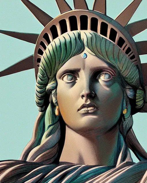 Image similar to the statue of liberty as beautiful woman hyper realistic face, beautiful eyes, fantasy art, in the style of greg rutkowski, intricate, hyper detailed, smooth