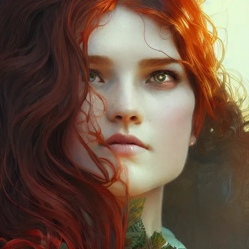 Image similar to girl with super long hair, hair becoming autumn red leaves, intricate, highly detailed, digital painting, artstation, concept art, smooth, sharp focus, illustration, unreal engine 5, 8 k, art by artgerm and greg rutkowski and alphonse mucha