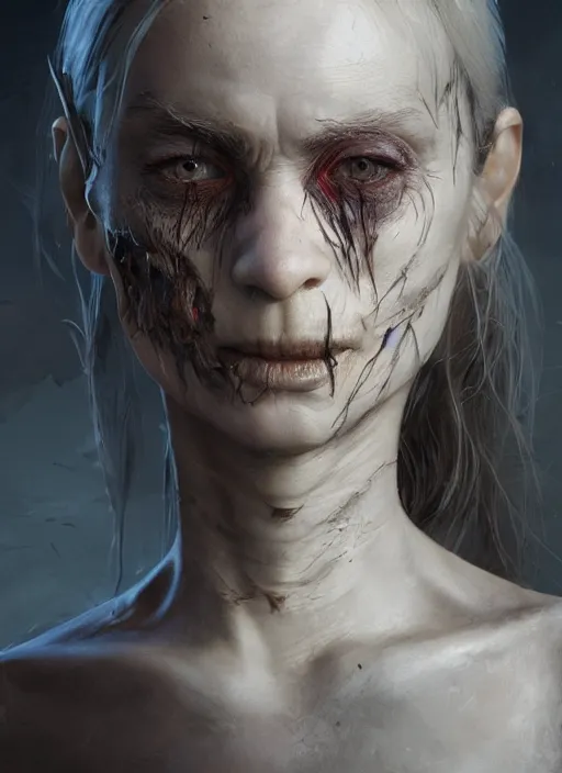 Image similar to portrait of sinister girl with thin evil lips, skeksis, battle worn, bandaged nose, expressive eyes, full body, translucent skin, procedural rendering, greg rutkowski, charlie bowater, yuumei, stephen gammell, unreal 5, daz, hyperrealistic, octane render, rpg portrait, dynamic lighting, fantasy art, beautiful face