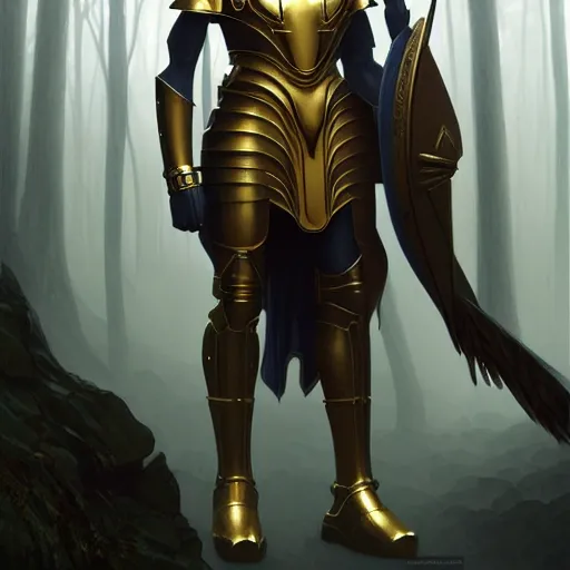 Prompt: long shot photo of humanoid anubis wear in golden heroic armour in the foggy forest, foggy bottom, highly detailed, digital painting, artstation, smooth, sharp focus, illustration, art by artgerm and greg rutkowski and alphonse mucha