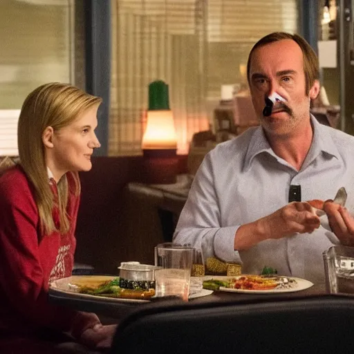 Prompt: full shot, panning left right, Woody from Toy Story in Better Call Saul having dinner with Kim Wexler