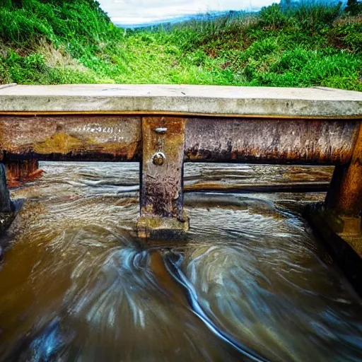 Prompt: old wooden gold sluice, beautiful view, artistic look, high details, water flowing